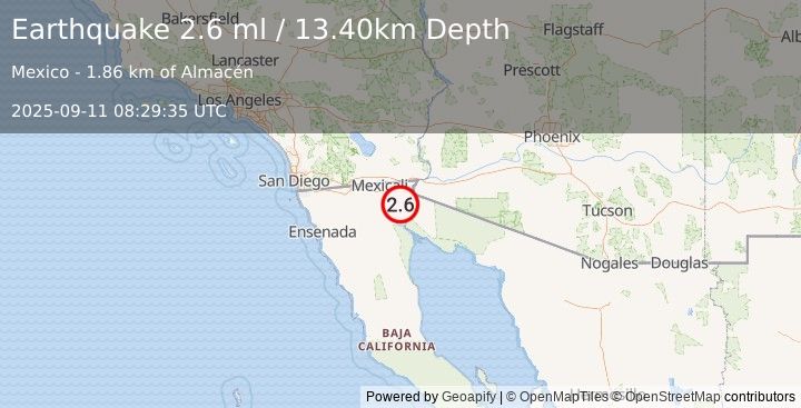 Earthquake BAJA CALIFORNIA, MEXICO (2.6 ml) (2025-09-11 08:29:35 UTC)