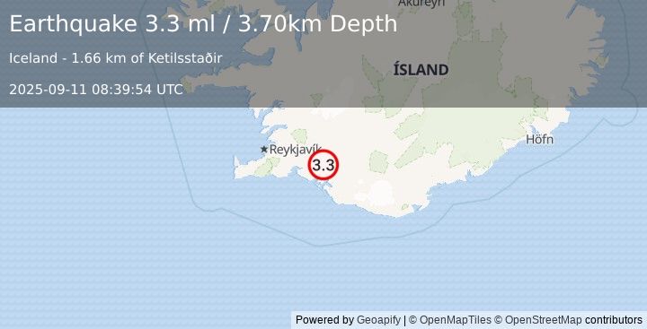 Earthquake ICELAND (3.3 ml) (2025-09-11 08:39:54 UTC)