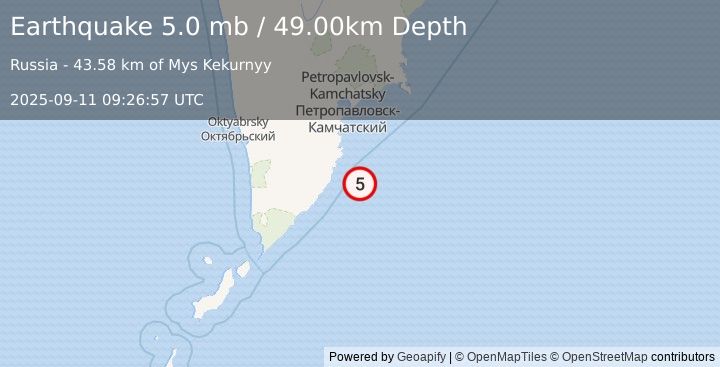 Earthquake OFF EAST COAST OF KAMCHATKA (4.7 mb) (2025-09-11 09:26:53 UTC)