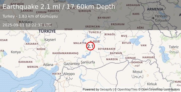 Earthquake EASTERN TURKEY (2.1 ml) (2025-09-11 12:22:37 UTC)