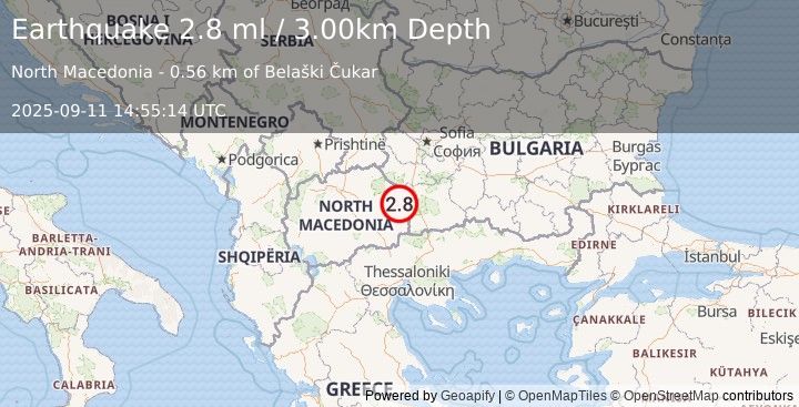 Earthquake REPUBLIC OF NORTH MACEDONIA (2.8 ml) (2025-09-11 14:55:14 UTC)