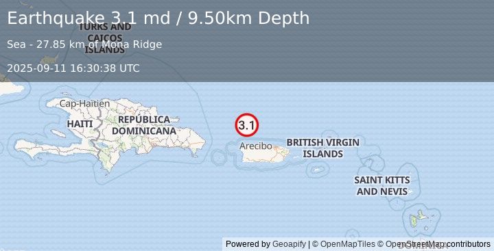 Earthquake PUERTO RICO REGION (3.1 md) (2025-09-11 16:30:38 UTC)