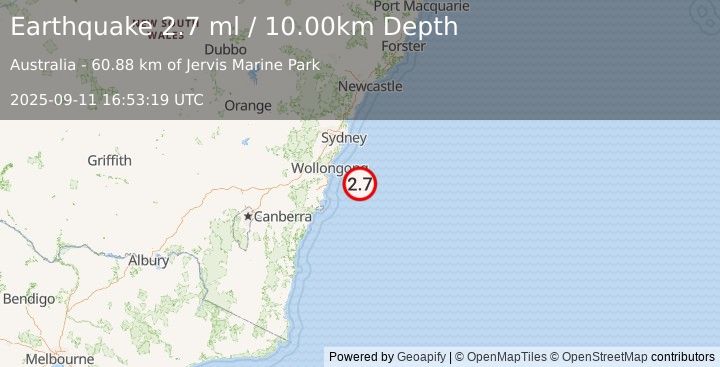 Earthquake NEAR S.E. COAST OF AUSTRALIA (2.7 ml) (2025-09-11 16:53:19 UTC)
