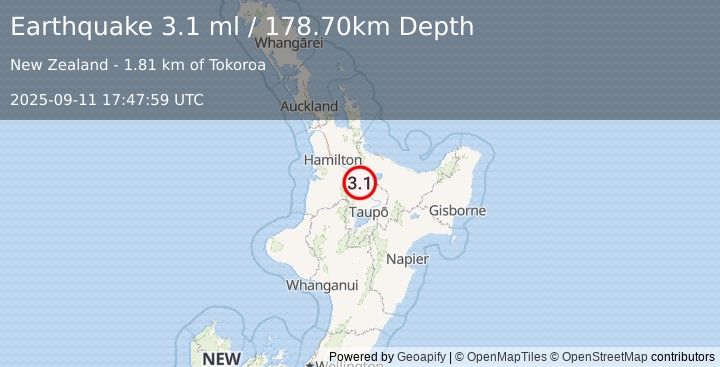 Earthquake NORTH ISLAND OF NEW ZEALAND (3.1 ml) (2025-09-11 17:47:59 UTC)