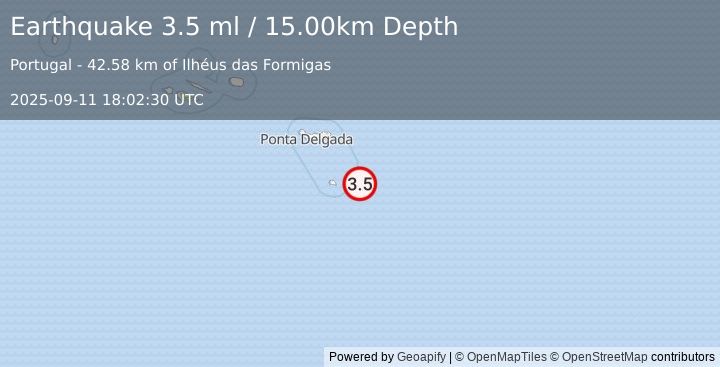 Earthquake AZORES ISLANDS REGION (3.5 ml) (2025-09-11 18:02:30 UTC)