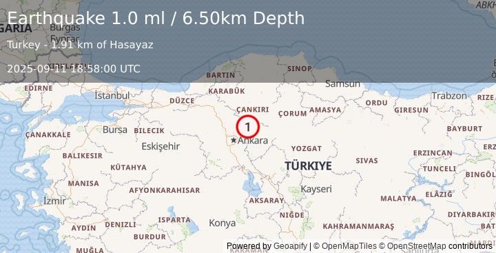 Earthquake CENTRAL TURKEY (1.0 ml) (2025-09-11 18:58:00 UTC)
