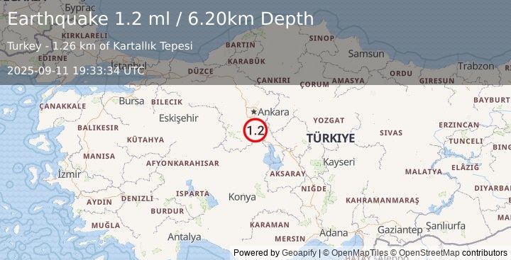 Earthquake CENTRAL TURKEY (1.2 ml) (2025-09-11 19:33:34 UTC)
