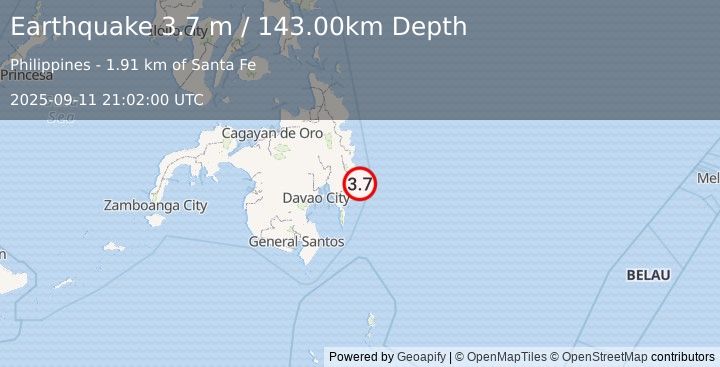 Earthquake MINDANAO, PHILIPPINES (3.7 m) (2025-09-11 21:02:00 UTC)
