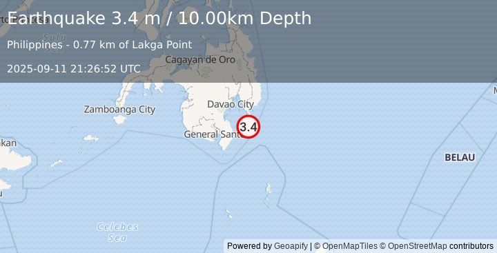 Earthquake MINDANAO, PHILIPPINES (3.4 m) (2025-09-11 21:26:52 UTC)
