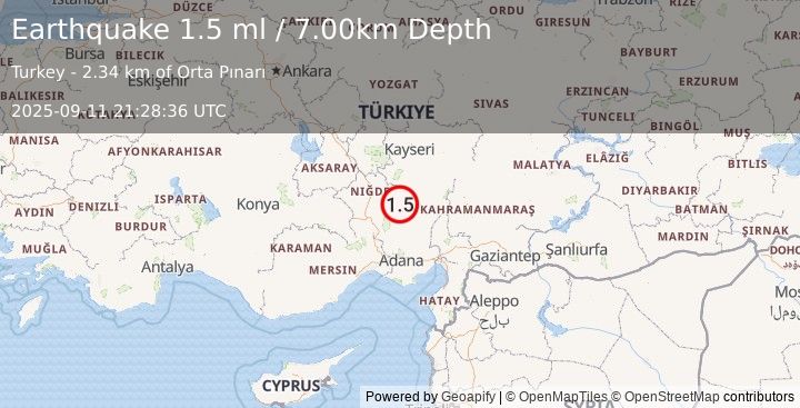 Earthquake CENTRAL TURKEY (1.5 ml) (2025-09-11 21:28:36 UTC)