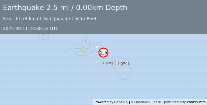 Earthquake AZORES ISLANDS, PORTUGAL (2.5 ml) (2025-09-11 23:38:52 UTC)
