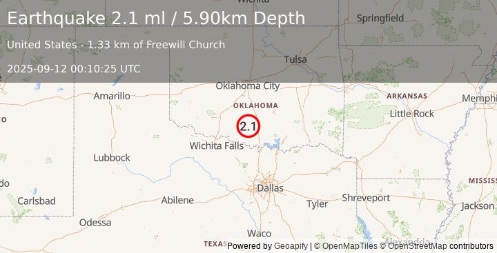 Earthquake OKLAHOMA (2.1 ml) (2025-09-12 00:10:25 UTC)