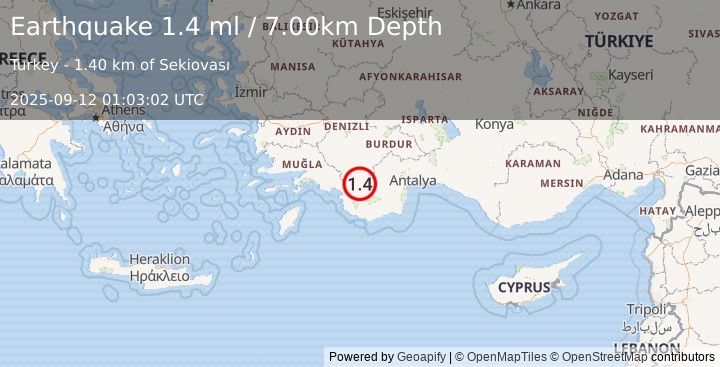 Earthquake WESTERN TURKEY (1.4 ml) (2025-09-12 01:03:02 UTC)