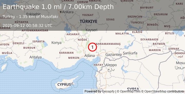 Earthquake CENTRAL TURKEY (1.0 ml) (2025-09-12 00:58:32 UTC)