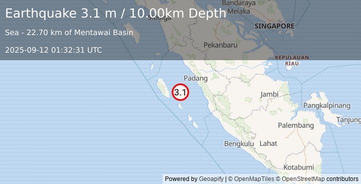 Earthquake KEP. MENTAWAI REGION, INDONESIA (3.1 m) (2025-09-12 01:32:31 UTC)