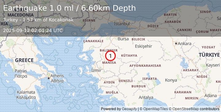 Earthquake WESTERN TURKEY (1.0 ml) (2025-09-12 02:01:24 UTC)