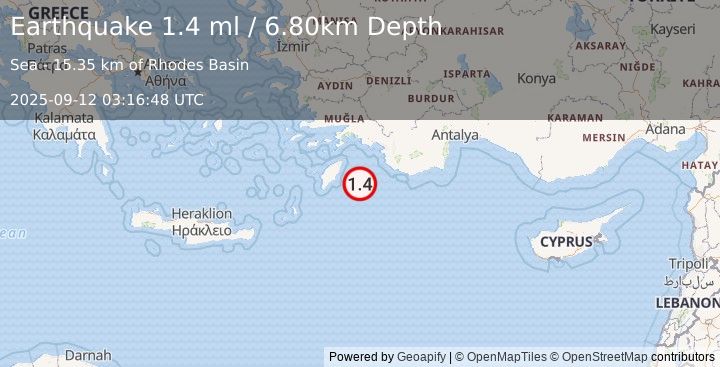 Earthquake DODECANESE IS.-TURKEY BORDER REG (1.4 ml) (2025-09-12 03:16:48 UTC)