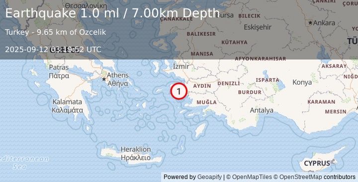 Earthquake WESTERN TURKEY (1.0 ml) (2025-09-12 03:19:52 UTC)