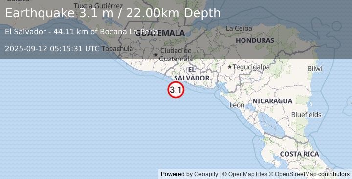 Earthquake OFFSHORE EL SALVADOR (3.1 m) (2025-09-12 05:15:31 UTC)