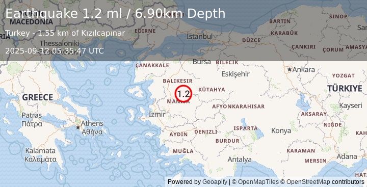Earthquake WESTERN TURKEY (1.2 ml) (2025-09-12 05:35:47 UTC)