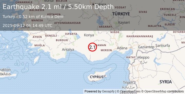 Earthquake CENTRAL TURKEY (2.1 ml) (2025-09-12 06:14:49 UTC)