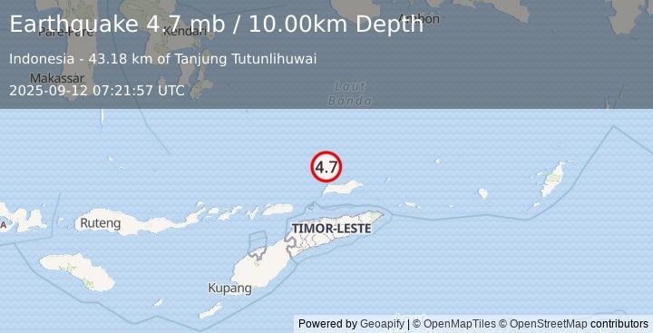 Earthquake KEPULAUAN BARAT DAYA, INDONESIA (4.7 mb) (2025-09-12 07:21:57 UTC)