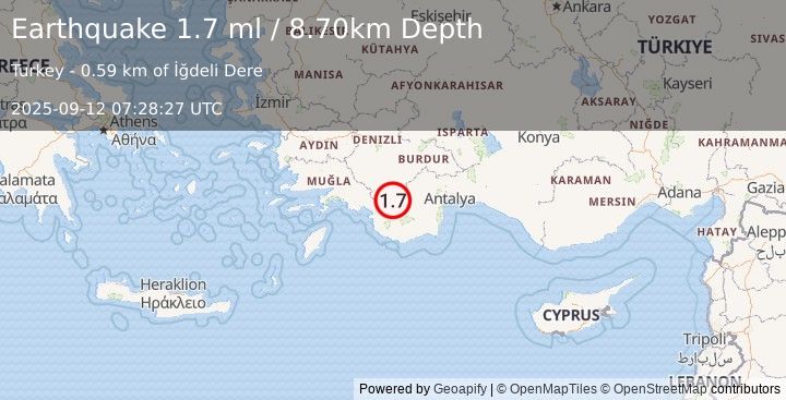 Earthquake WESTERN TURKEY (1.7 ml) (2025-09-12 07:28:27 UTC)
