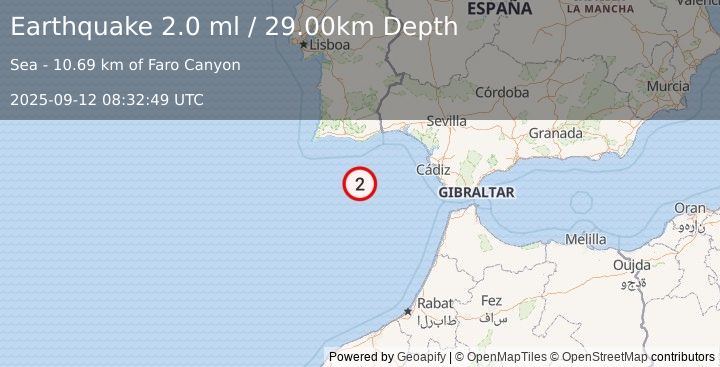 Earthquake STRAIT OF GIBRALTAR (2.0 ml) (2025-09-12 08:32:49 UTC)