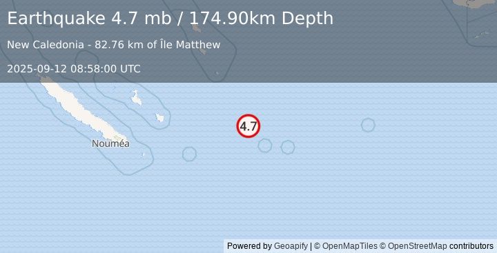Earthquake SOUTHEAST OF LOYALTY ISLANDS (4.7 mb) (2025-09-12 08:58:00 UTC)
