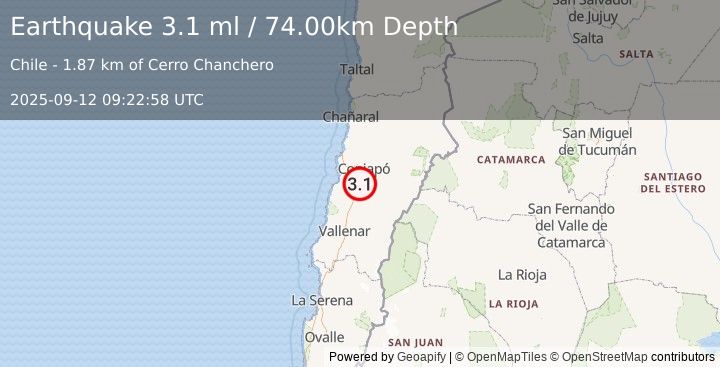 Earthquake ATACAMA, CHILE (3.1 ml) (2025-09-12 09:22:58 UTC)