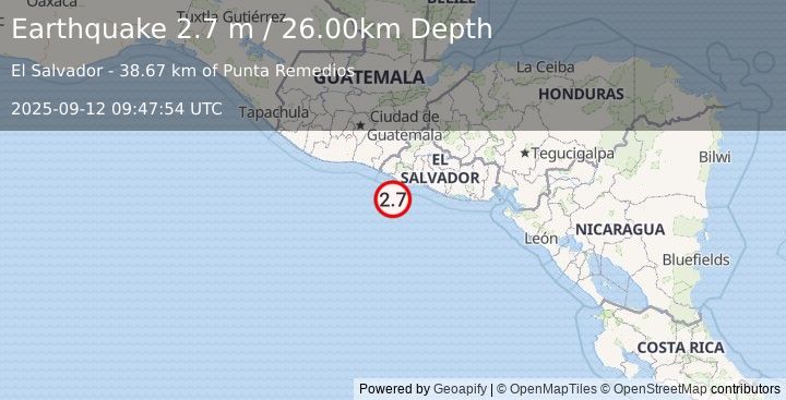 Earthquake OFFSHORE EL SALVADOR (2.7 m) (2025-09-12 09:47:54 UTC)