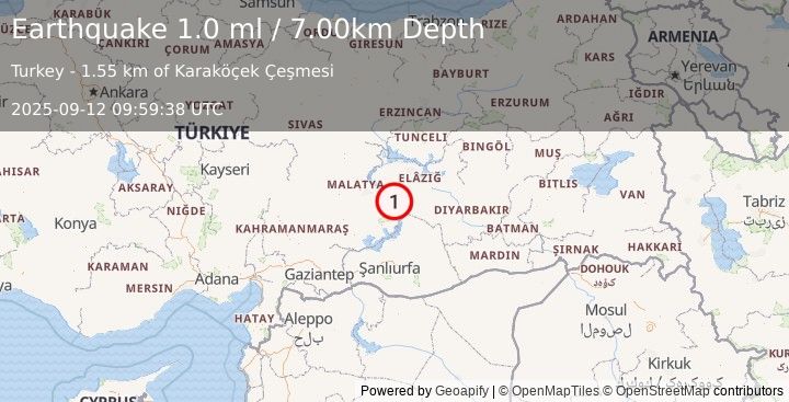 Earthquake EASTERN TURKEY (1.0 ml) (2025-09-12 09:59:38 UTC)