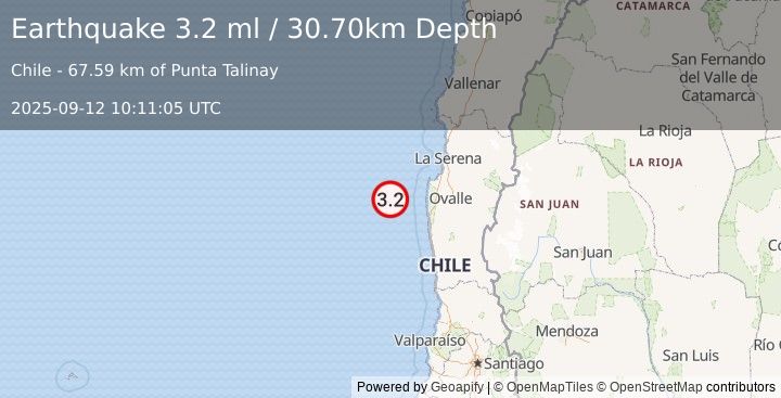 Earthquake OFFSHORE COQUIMBO, CHILE (3.2 ml) (2025-09-12 10:11:05 UTC)