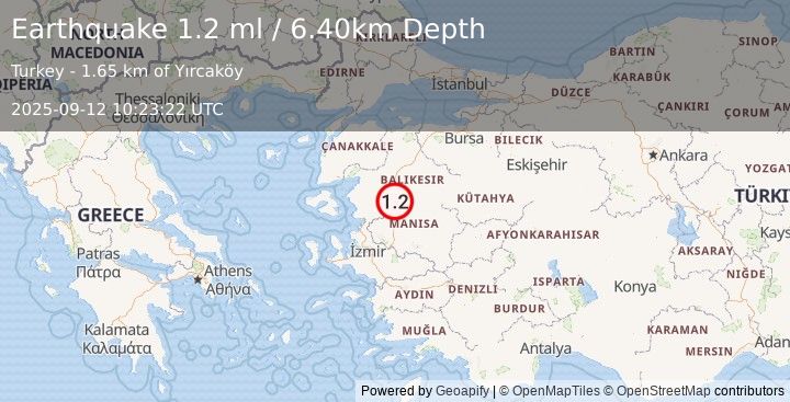 Earthquake WESTERN TURKEY (1.2 ml) (2025-09-12 10:23:22 UTC)