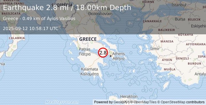 Earthquake GREECE (2.8 ml) (2025-09-12 10:58:17 UTC)