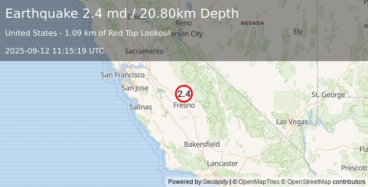 Earthquake CENTRAL CALIFORNIA (2.4 md) (2025-09-12 11:15:19 UTC)