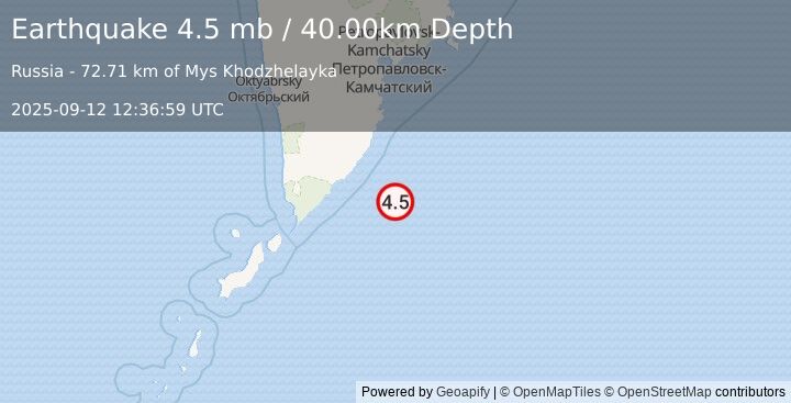 Earthquake NEAR EAST COAST OF KAMCHATKA (4.5 mb) (2025-09-12 12:36:59 UTC)
