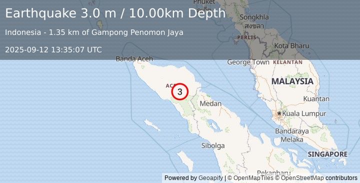 Earthquake NORTHERN SUMATRA, INDONESIA (3.0 m) (2025-09-12 13:35:07 UTC)