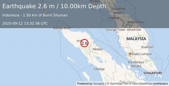 Earthquake NORTHERN SUMATRA, INDONESIA (2.6 m) (2025-09-12 13:32:36 UTC)
