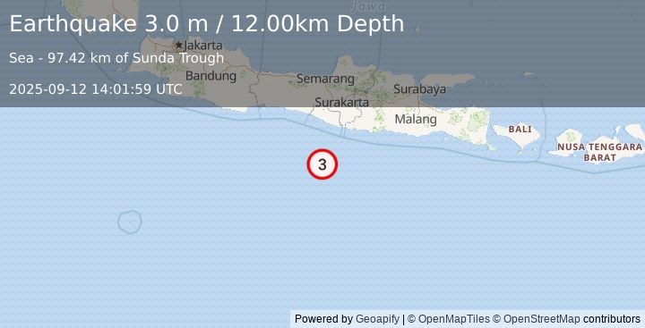 Earthquake SOUTH OF JAVA, INDONESIA (3.0 m) (2025-09-12 14:01:59 UTC)
