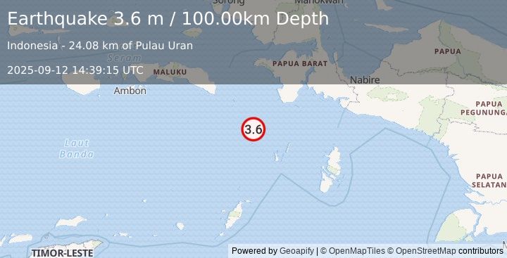 Earthquake NEAR S COAST OF PAPUA, INDONESIA (3.6 m) (2025-09-12 14:39:15 UTC)