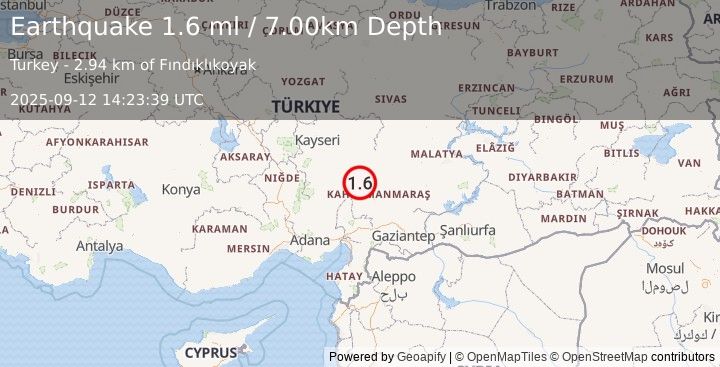 Earthquake CENTRAL TURKEY (1.6 ml) (2025-09-12 14:23:39 UTC)