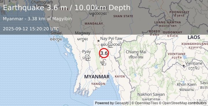 Earthquake MYANMAR (3.6 m) (2025-09-12 15:20:20 UTC)