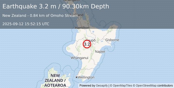 Earthquake NORTH ISLAND OF NEW ZEALAND (3.2 m) (2025-09-12 15:52:15 UTC)