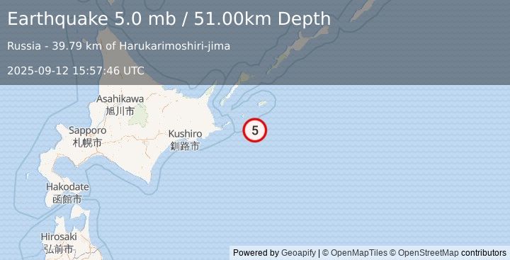 Earthquake KURIL ISLANDS (5.0 mb) (2025-09-12 15:57:46 UTC)