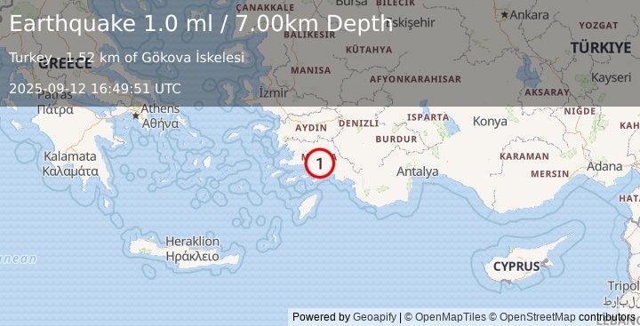 Earthquake WESTERN TURKEY (1.0 ml) (2025-09-12 16:49:51 UTC)