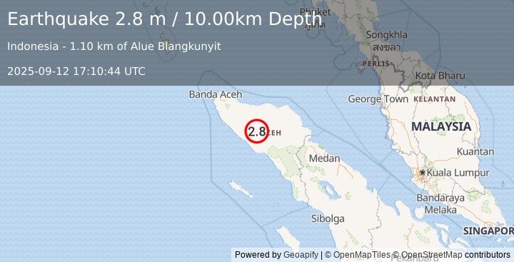 Earthquake NORTHERN SUMATRA, INDONESIA (2.8 m) (2025-09-12 17:10:44 UTC)