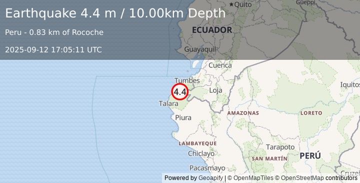 Earthquake NEAR COAST OF NORTHERN PERU (4.3 m) (2025-09-12 17:05:07 UTC)