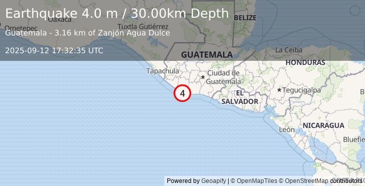 Earthquake OFFSHORE GUATEMALA (4.0 m) (2025-09-12 17:32:35 UTC)