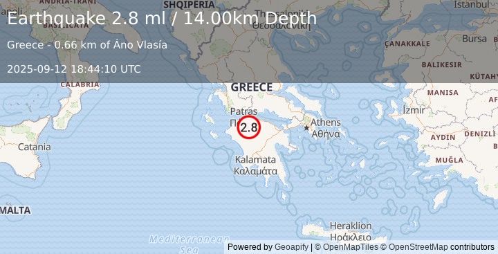 Earthquake SOUTHERN GREECE (2.8 ml) (2025-09-12 18:44:10 UTC)